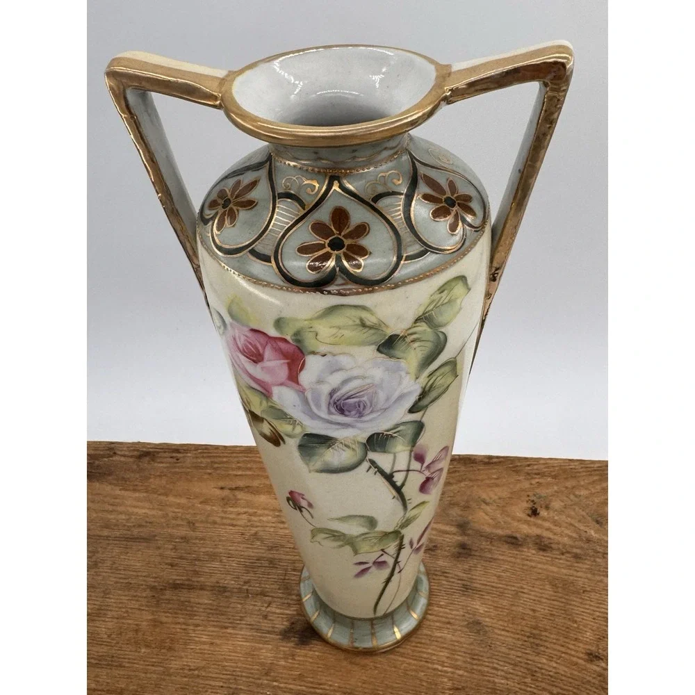 Double Handle Vase Antique Hand Painted Nippon Floral Roses Gold Gilt Porcelain